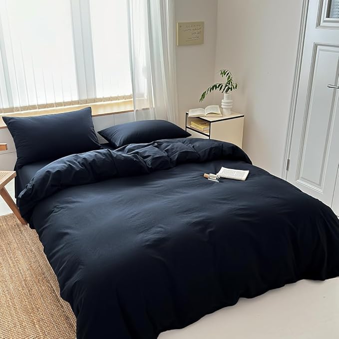 FACE TWO FACE Bedding Duvet Cover Set100% Washed Cotton Duvet Cover Linen Like Textured Breathable Durable Soft Comfy (Queen, Tibetan Blue)