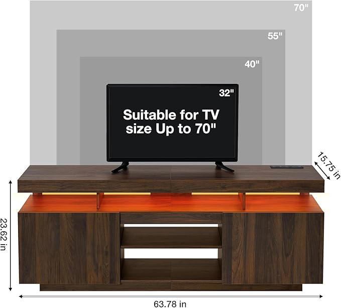 HOMMPA LED TV Stand for up to 70" TV Entertainment Center with Power Outlets, Gaming TV Consoles with Storage Media Table with LED Lights Game Cabinet for Living Room Walnut