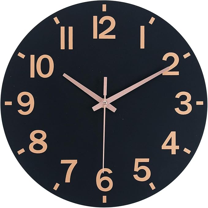 HZDHCLH Wall Clock 12 Inch Silent Non Ticking Wood Battery Operated Black