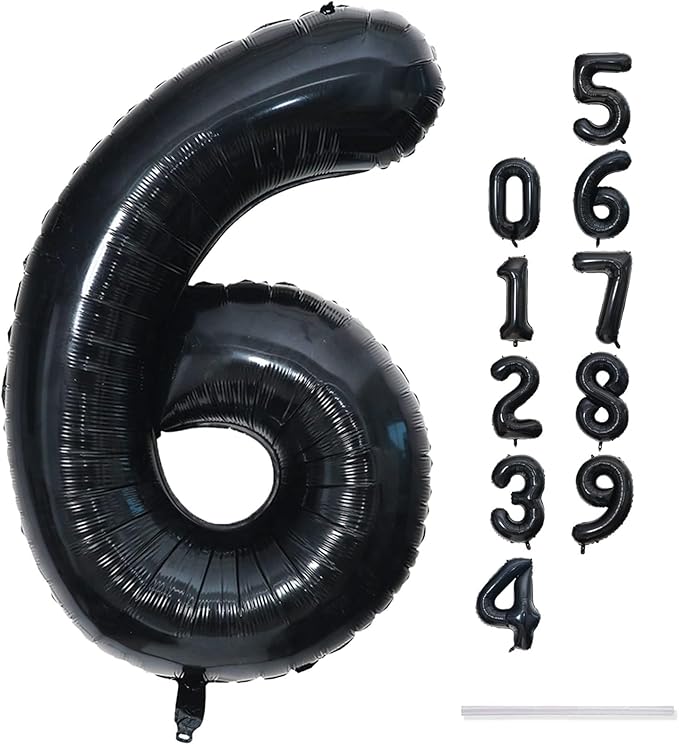 Black Balloon Number 6, 40 Inch Large Self Inflating Foil Number Balloons 0-9, Giant 6 Digital Helium Balloon for 6th 16th Kids Boys 60th Men Birthday Party Anniversary Celebration Decorations