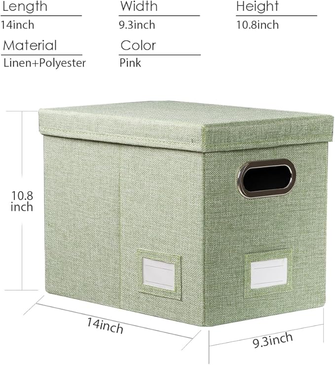 PRANDOM File Organizer Box - Set of 1 Collapsible Decorative Linen Filing Storage Hanging File Folders with Lids Office Cabinet Letter Size Green (14x9.3x10.8 inch)