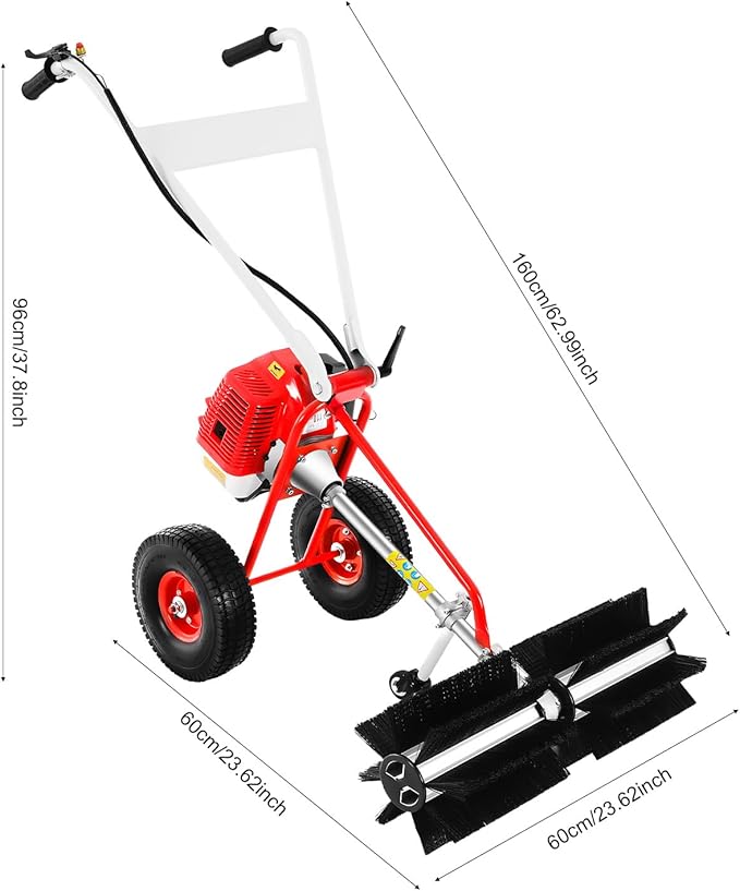 43CC 2-Stroke Gas Push Lawn Sweeper Broom, 1.7 HP Walk Behind Hand Snow Sweeper Handheld Broom Portable Driveway Turf Grass Cleaning Tool for Garden Yard Sidewalk