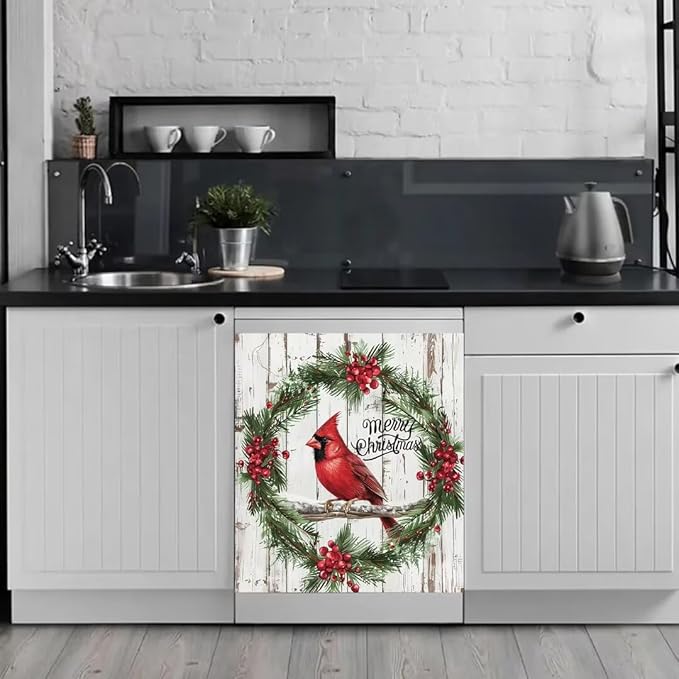 Generic Bird Dishwasher Face Cover - Magnetic Decorative Red Berries Pine Wreath Stickers, Winter Christmas Sticker, Fridge Door Cover, 23Wx26H