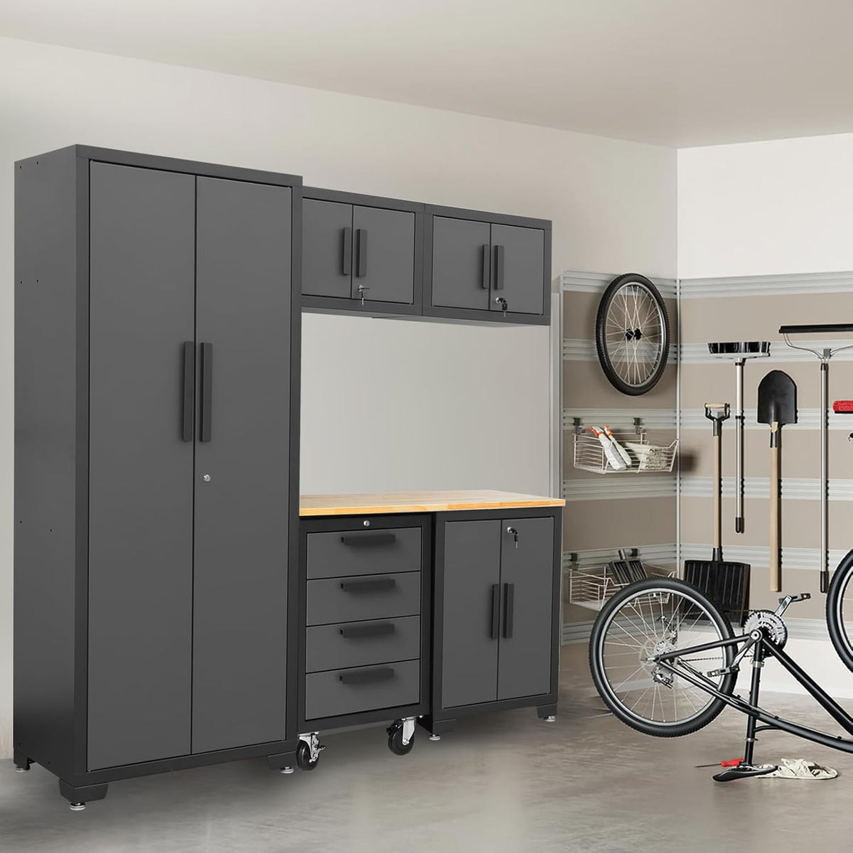 Torin Garage Storage Cabinet Set - 6-Piece Tool Organizer with Lockers & Wood Workbench | Black/Grey, 76.8" L x 18.5" W x 75.79" H