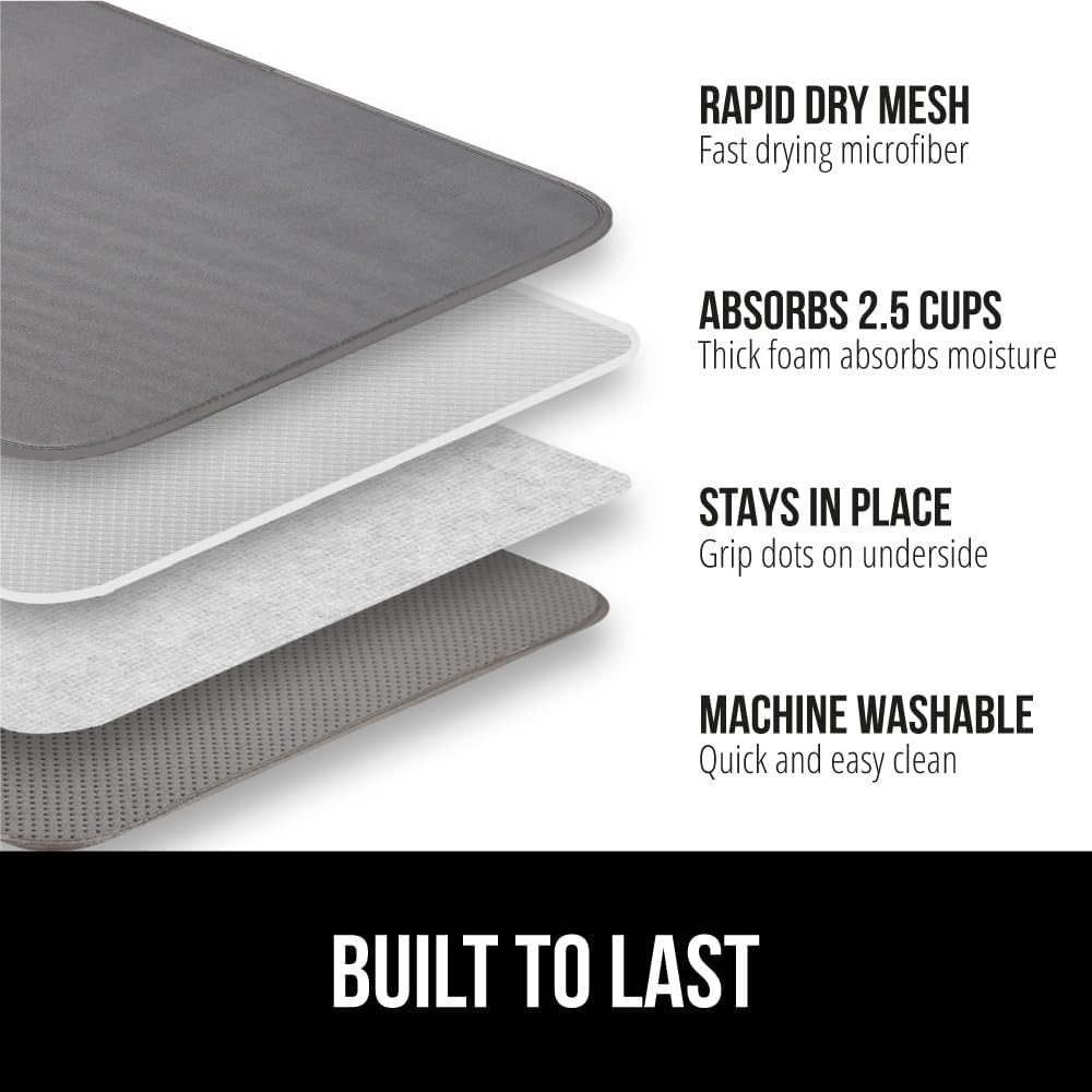 GORILLA GRIP Ultra Water Absorbent Microfiber Dish Drying Mat, 18x24, Quick Dry Thick Mesh, Slip Resistant Pad for Sink Dishes or Under Rack, Kitchen Counter Accessories, Machine Wash, 2 Pack Gray