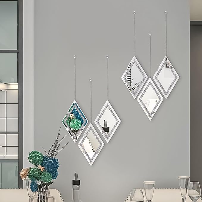 Pibeyer Silver Diamond Shaped Wall Mirror Set of 3, Decorative Crystal Crush