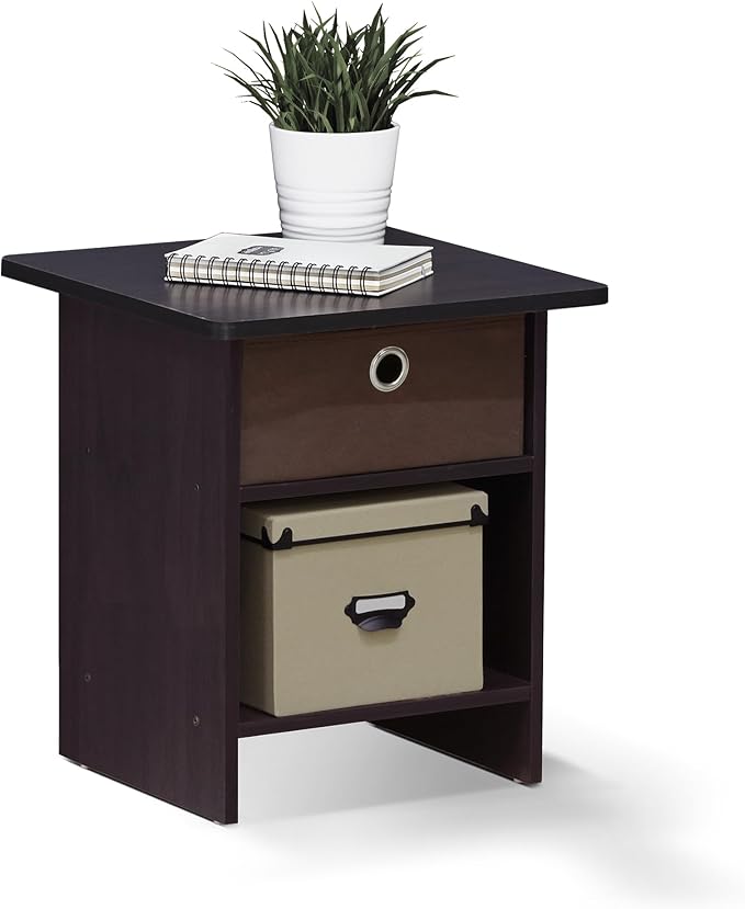 Furinno Dario End Table / Side Table / Night Stand / Bedside Table with Bin Drawer, 1-Pack, Dark Walnut