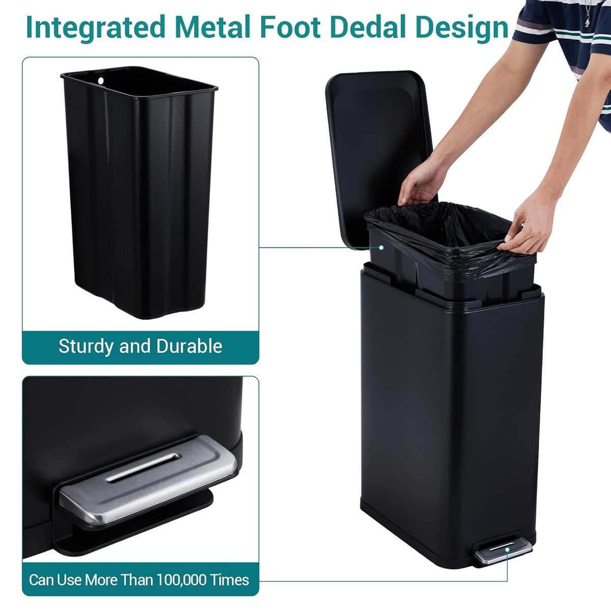 13.2 Gallon / 50L Kitchen Trash Can, Slim Stainless Steel Garbage Can with Removable Inner Bucket, Fingerprint-Proof Step Rubbish Bin with Soft-Close Lid for Narrow Space, Black