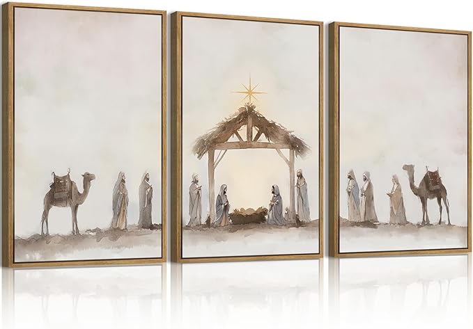 Anyzal Extra Large Jesus Framed Wall Art 24x36 Inch Easter Catholic Nativity Scene Canvas Artwork Christian Religious Birth of Jesus Painting for Living Room Bedroom Dining Room Set of 3
