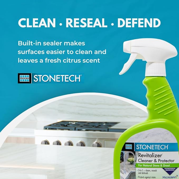 StoneTech Revitalizer Cleaner and Protector | Natural Stone Cleaner | Marble, Quartz, Granite Countertop Cleaner | 3-in-1 Cleans and Reseals | 2-Pack 24 oz Spray + Microfibers, Citrus Scent