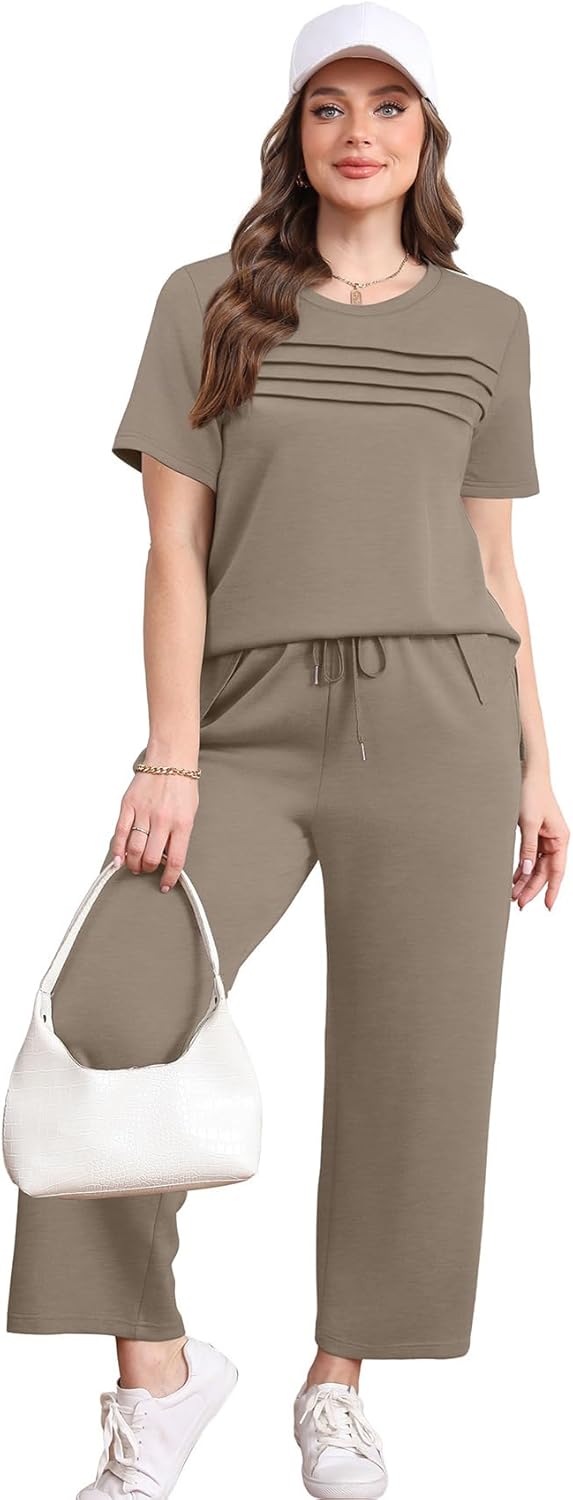WIHOLL Women's Two-Piece Lounge Set - Short Sleeve Top & Wide Leg Pants | S-3XL, Perfect for Summer Travel