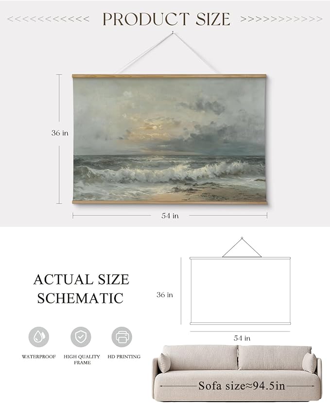 ARPEOTCY Extra Large Vintage Framed Wall Art, 36x54 Inch Sunset over the Sea Landscape Hanging Canvas Prints Scroll Wall Art Decor for Living Room Bedroom, Retro Scenery Pictures Above of Bed