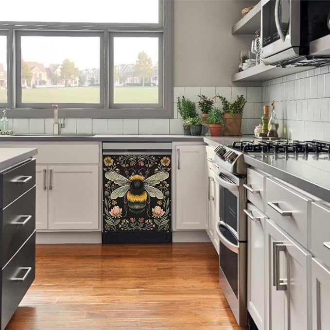 Flower and Bee Pattern Dishwasher Magnetic Cover Sticker Magnetic Refrigerator Full Door Cover Sticker Kitchen Decor Panel Decal 23W x 17H inchs