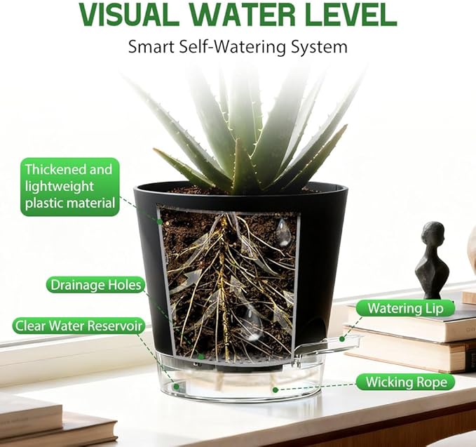 Self Watering Pots for Plants, 2026 New Flower Plant Pots with Drainage Holes, Wicking and Clear Reservoirs for Succulent, Aloe, Cacti and Others - 6 Pack (Black, 4")