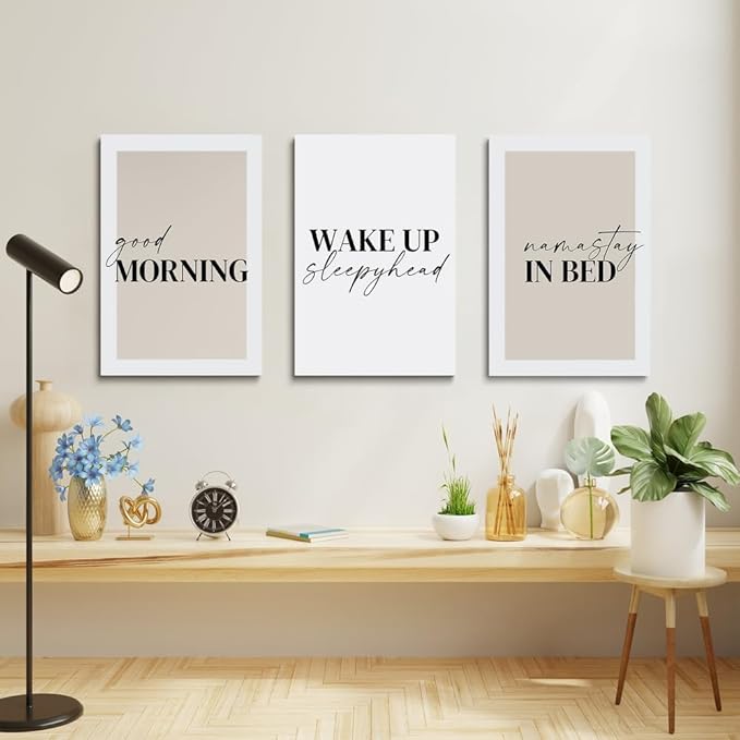 GUBIYU Bedroom Prints Set of 3, Above Bed Decor, Good Morning Namastay in Bed