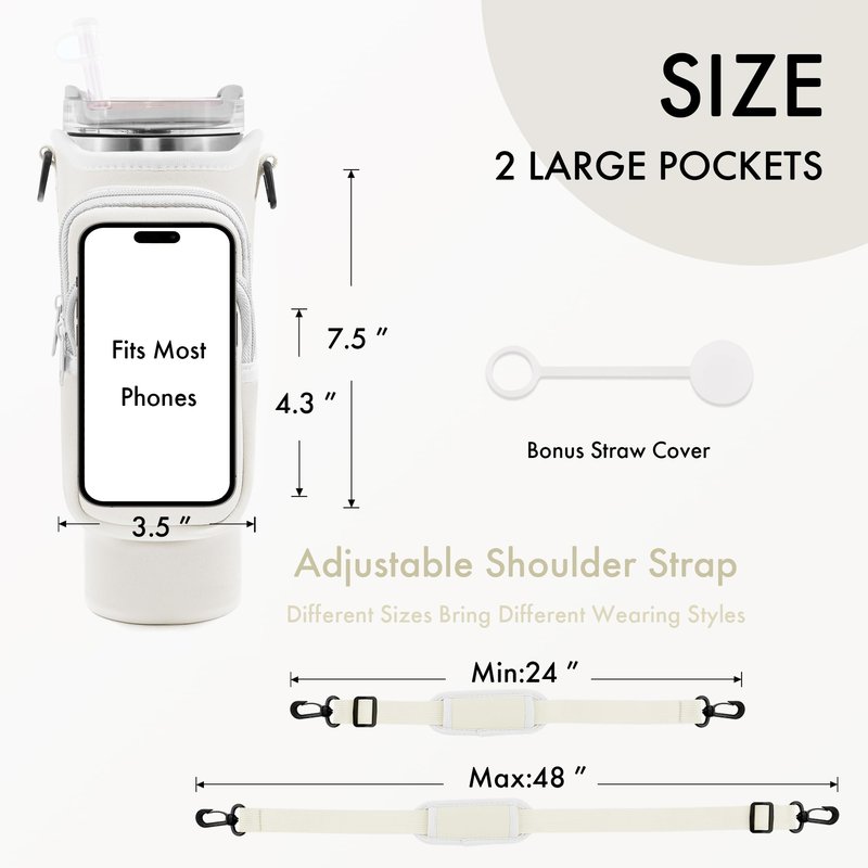 JEBEALUO Water Bottle Carrier Bag with Phone Pocket for Stanley Cup 40/30 oz, Water Bottle Holder with Adjustable Strap& Straw Cover, Stanley Cup Accessories (White)