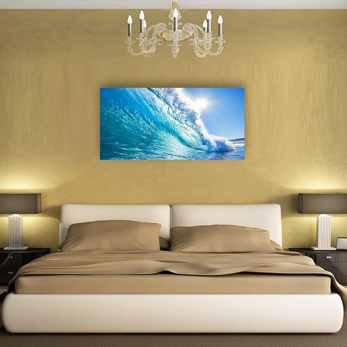 Haichuang Decor Art Ocean Wave Canvas Wall Art, 40x20 Inches Framed Turquoise Sea Wave Wall Decor, Wood Frame Waterproof HD Giclee Print, Ready to Hang Coastal Artwork for Living Room Bathroom Office