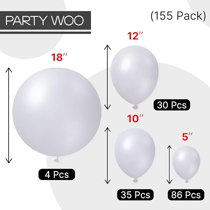 PartyWoo Pearl White Balloons 155pcs Different Sizes Pack of 18 12 10 5 Inch Metallic White Latex Balloon Arch Kit Garland for Wedding Graduation Baby Shower Birthday Party Decorations White-Z30