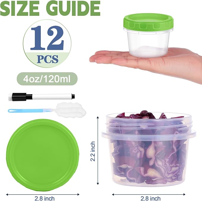 4 oz Small Plastic Containers with Lids, 12 Pack Stackable Small Freezer Container, Reusable 1/2 Cup Food Containers for Snack Puree Fruit, with Pen and Brush, Microwave & Dishwasher Safe