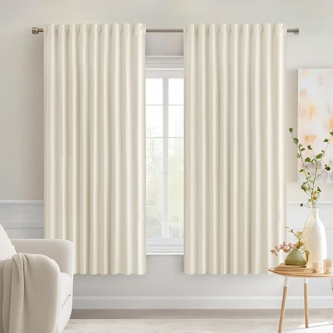 MIULEE Beige White Back Tab Blackout Curtains 63 Inch Length 2 Panels Set