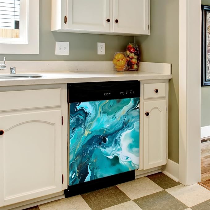 Dishwasher Magnet Cover Teal Green Marble Print Reusable Dishwasher Magnetic Cover Sticker Decorative Dish Washer Door Cover Panel for Home Kitcen Appliance
