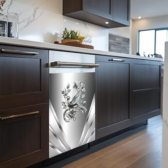 Dishwasher Magnetic Sticker Kitchen Decorative,Stainless Steel Design Bird andd Flower Pattern Fridge Door Panels,Refrigerator Magnetic Cover,Front Panel Replacement Cover 23W x 26H inchs