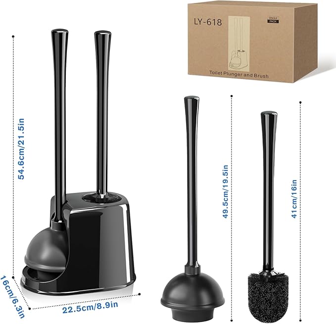 Toilet Plunger and Brush Set,2 Pack Bowl Brush and Heavy Duty Toilet Brush with Ventilated Holder, 2-in-1 Toilet Brush and Plunger Combo for Bathroom Deeply Cleaning（Black）