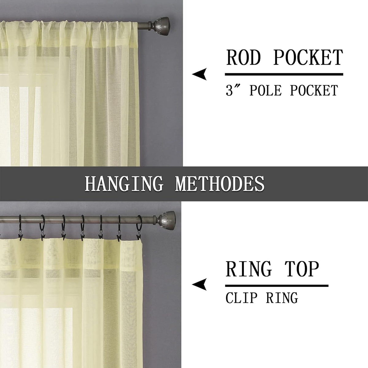 Tollpiz Sheer Curtain Linen Textured Bedroom Curtains Sheer Light Filtering Rod Pocket Voile Curtain for Living Room, 54 x 95 inches Long, Transparent Yellow, Set of 2 Panels