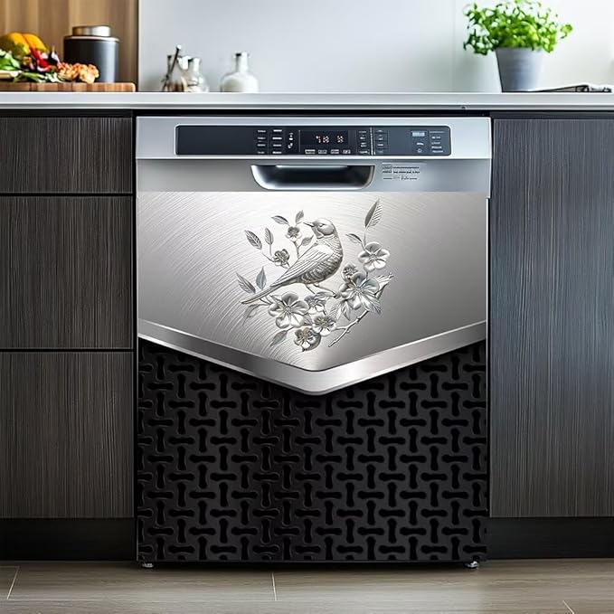 Dishwasher Covers Decorative Magnetic Sticker,Stainless Steel Design Bird and Flower Pattern Refrigerator Front Panel,Kitchen Decor Fridge Magnet Cover Decor,23 x 26inchs