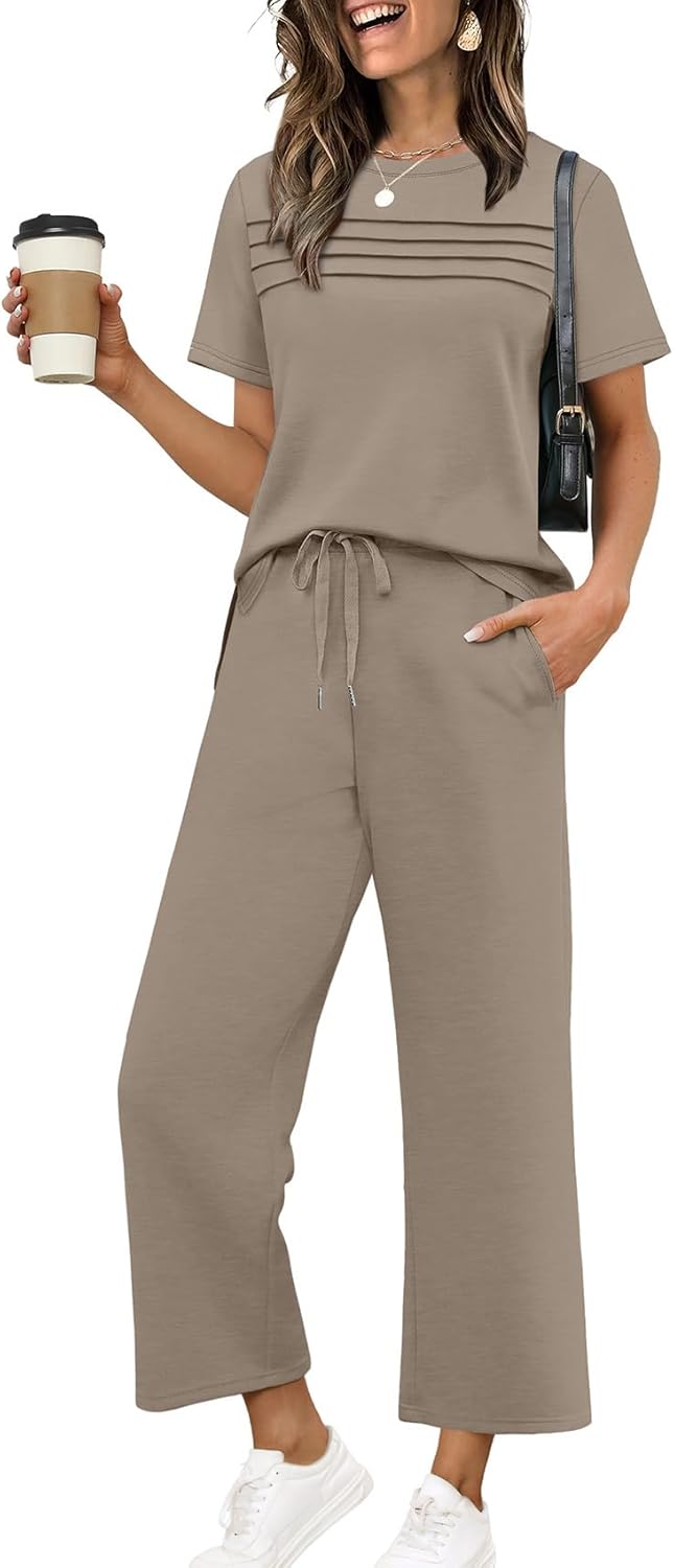 WIHOLL Women's Two-Piece Lounge Set - Short Sleeve Top & Wide Leg Pants | S-3XL, Perfect for Summer Travel