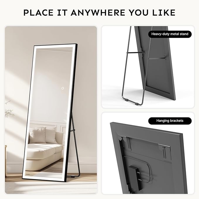 Kosmonia 71x28 Full Length Mirror, Dimmable 3 Color LED Light w/Light Memory