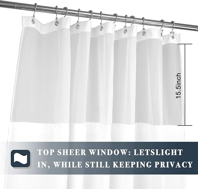 N&Y HOME 48 Inch Waffle Weave Shower Curtain with Snap-in Fabric Liner & 12 Metal Hooks Set - 48" x 72" Shower Stall Size, Hotel Style & Mesh Top Window, Machine Washable - White, 48x72
