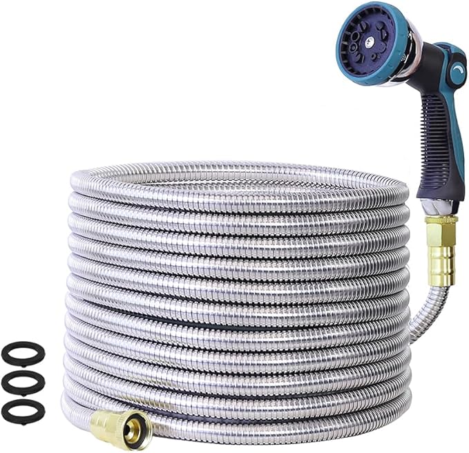 25FT Garden Hose, Stainless Steel Water Hose Flexible with a 10-Mode Nozzle Sprayer, No Kink, Lightweight, Puncture Proof, Ideal for Indoor & Outdoor Light Use, 5/8'' Outside Diameter