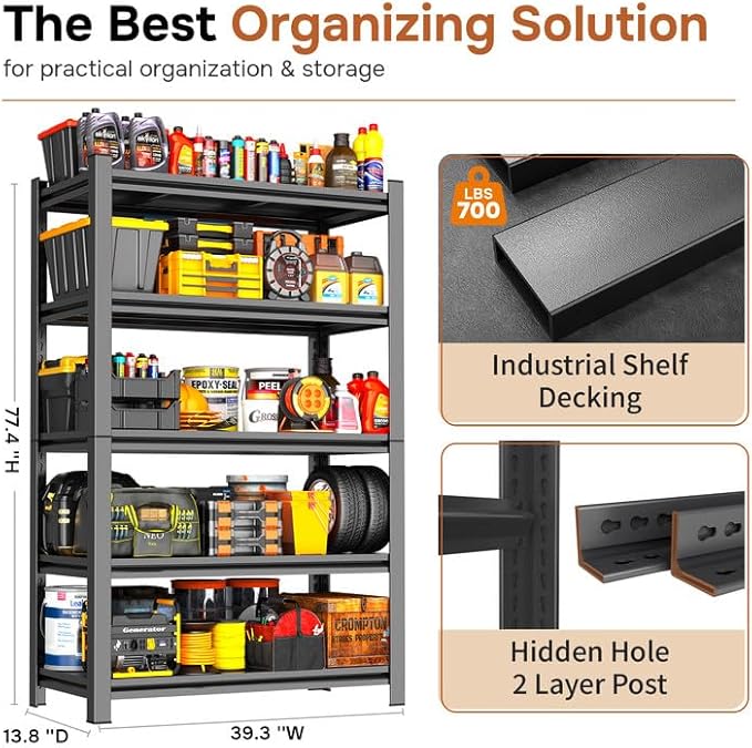 77''H Garage Shelving Heavy Duty 5-Tier Adjustable Storage Shelves Unit,3500 LBS Metal Utility Rack Shelf for Industries, Warehouses, Basement,Black (77.4''H x 39.3''W x 13.8''D)