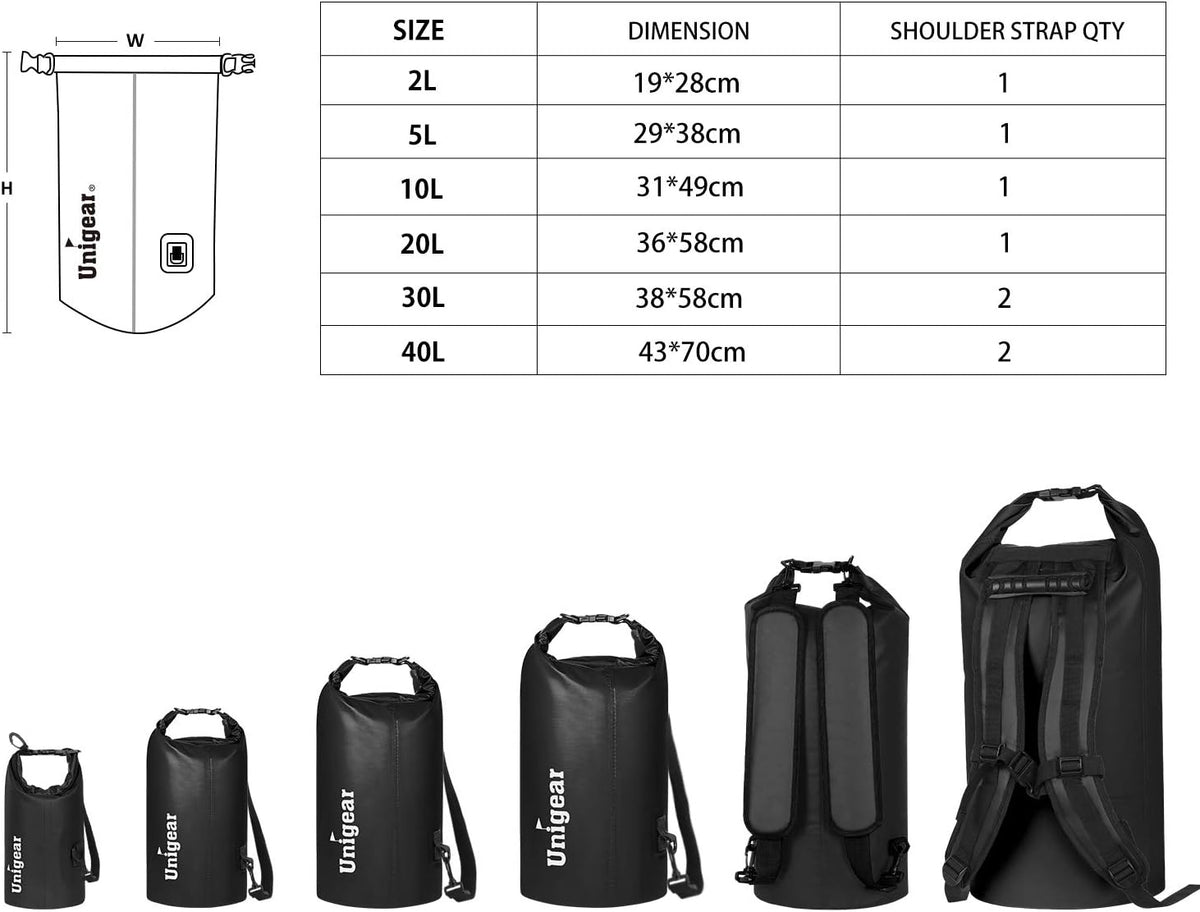 Unigear Waterproof Dry Bag - Lightweight Floating Storage for Kayaking, Fishing & Camping | 2L/5L/10L/20L/30L/40L
