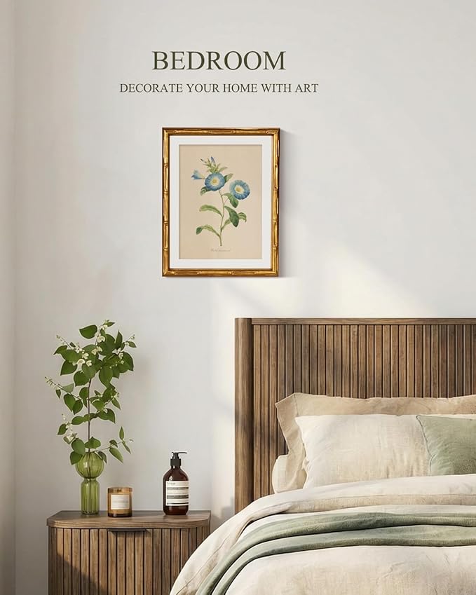 InSimSea Gold Bamboo Framed Canvas Wall Art, Retro Blue Field Bindweed