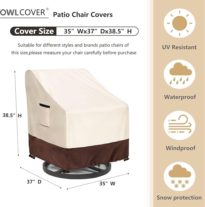 Patio Chair Covers 2 Pack, 35W x 37D x 38.5H inches, 600D Heavy Duty Waterproof Outdoor Furniture Cover, Patio Furniture Covers for Lawn/Garden Chiars, Beige & Brown