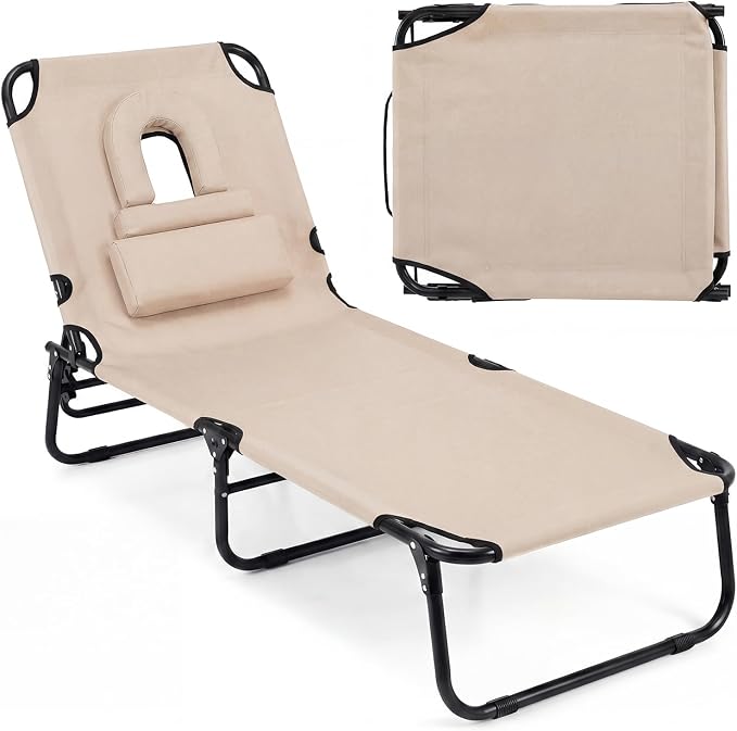 GYMAX Tanning Chair, Folding Lounge Chairs with Face Hole & Cover, Removable Pillow Carry Handle, Portable Compact Outdoor Layout Recliner for Beach, Poolside, Lawn, Patio, Camping (Sand,1)