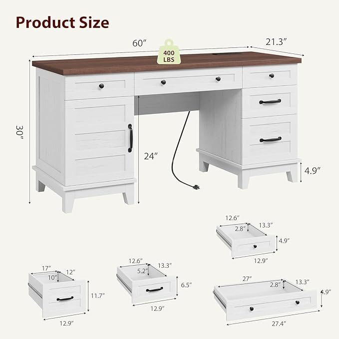 60 Inch Farmhouse Executive Desk with File Drawers for Home Office, Large Computer Desk with Storage Cabinet & Charging Station, Wooden Writing Table with Power Outlets & USB Ports for Work Study