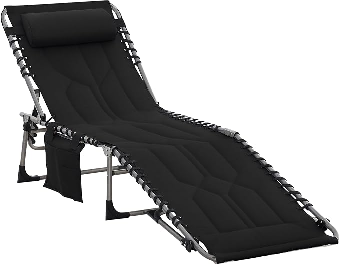 Outsunny Padded Folding Chaise Lounge Chair, Outdoor 6-Level Reclining Camping Tanning Chair with Headrest for Beach, Yard, Patio, Pool, Black