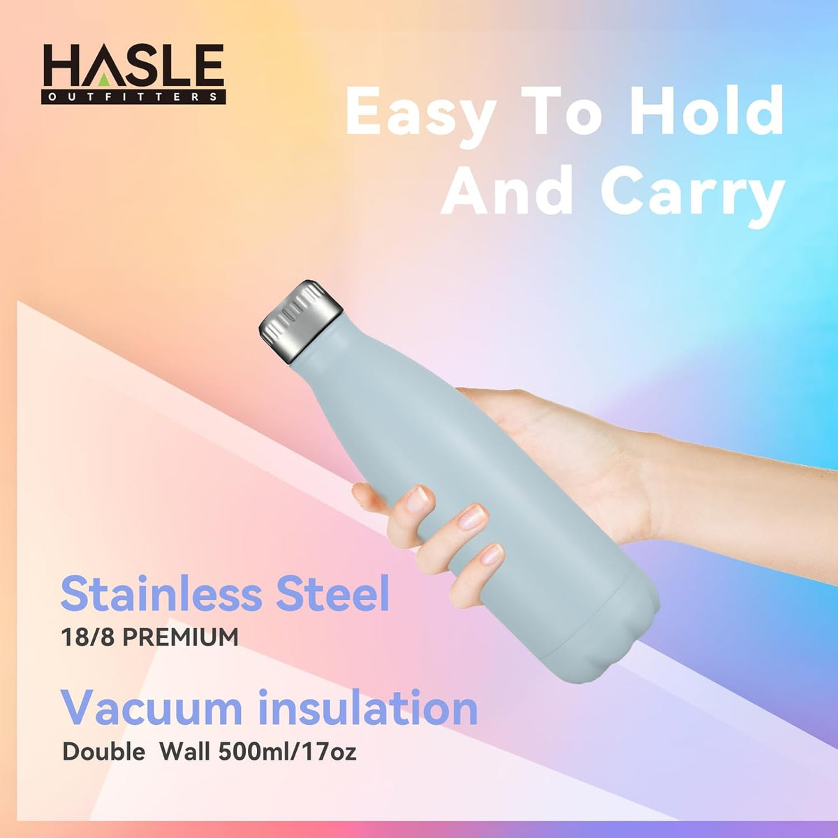 HASLE OUTFITTERS 17oz Stainless Steel Water Bottles Bulk, Vacuum Insulated Water Bottles Double Walled Reusable Metal Sports Water Bottles Keep Drinks Hot and Cold, Light Blue, 4Packs