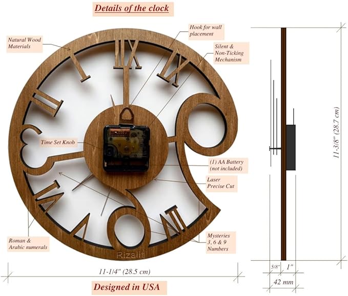 Rizalit Wood Wall Clock Artistic Modern Classic Style Unique Design 11.5 Inch