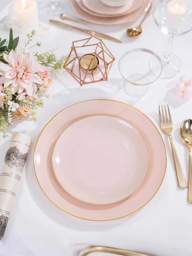 WDF 150Pcs Pink Plates Disposable - Pink and Gold Plastic Plates 25guest Disposable Dinnerware Include 25 Dinner Plate, 25 Dessert Plate, 25 Cutlery & 25 9oz Cups for Wedding & Party