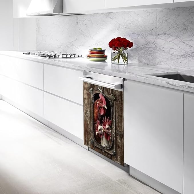 Appliance Art Wood Board and Rooster Wallpaper Dishwasher Cover, Magnetic Panel Decals, Home Appliances Cabinet Magnets Sticker, 23W x 26H inchs