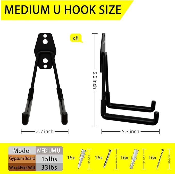 8 Pack Garage Hooks Heavy Duty with Anti-Slip Coating, Steel Utility Ladder Hooks for Hanging Garden Tools, Hoses, Ropes, Bikes and More (5.3in)