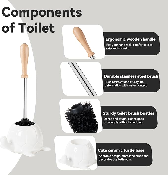 White Ceramic Turtle Base Toilet Brush and Holder Set - 7.5" Cute Toilet Bowl Cleaner Brush, Ergonomic Handle Toilet Bowl Brush and Holder for Home & Commercial Use, Bathroom Brush