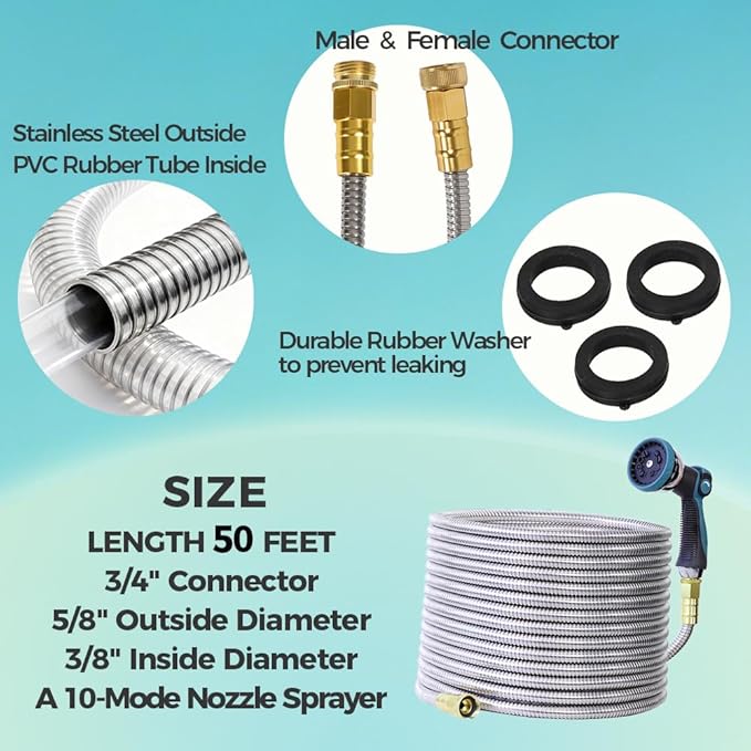 50FT Garden Hose, Stainless Steel Water Hose, Metal Hose Flexible with a 10-Mode Nozzle Sprayer, No Kink, Lightweight, Puncture Proof, Ideal for Yard, Lawn, Outdoor, 5/8'' Outside Diameter