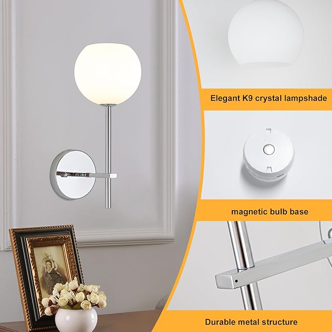 Chrome Battery Operated Wall Sconces Set of 2, Rechargeable Wireless Wall Lights