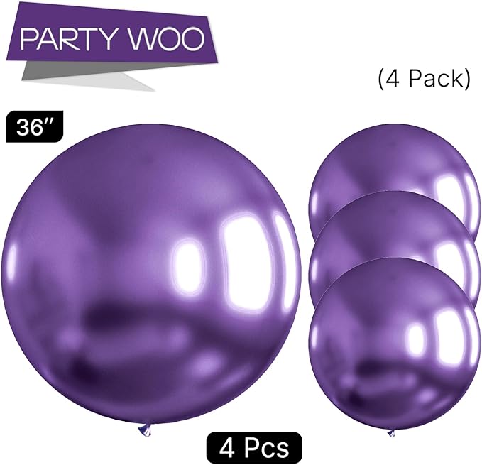 PartyWoo Metallic Purple Balloons 4pcs 36 Inch Chrome Purple Latex Helium Balloons for Mardi Gras Graduation Wedding Bachelorette Baby Shower Anniversary Birthday Party Decorations Purple-G105