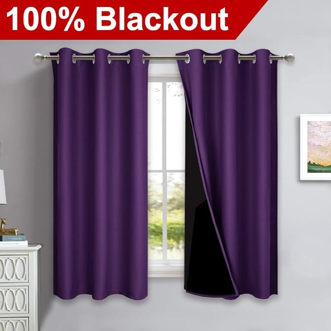 NICETOWN 100% Blackout Room Warming Curtains 45 inches Long, Royal Purple